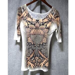 Alchemic Sheer Graphic Floral Half-Sleeve Top White Multicolor – Size Small
